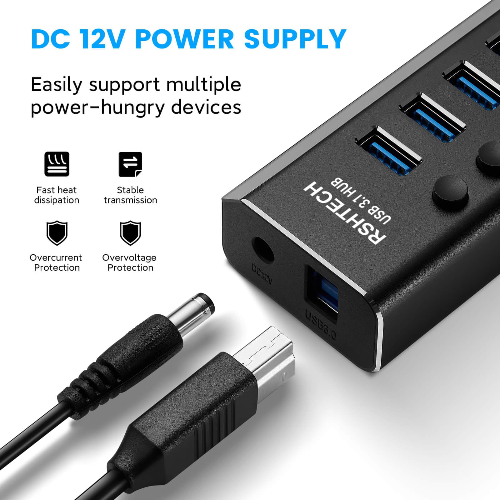 RSHTECH Alle USB Hub 3.2 Aktiv mit Netzteil (72W 12V/6A), RSH-A13 | 2 in 1 Datenkabel (Typ C&Typ A) & 13*10Gbps USB 3.2 Gen 2 Port, Aluminium - Zum Langsam Aufladen und Datenübertragung