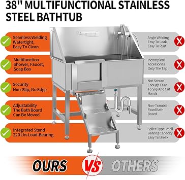 38 Inch Stainless Steel Dog Bathing Station, Professional Dog Grooming Tub with Three Anti-Slip Steps and Removable Door, Dog Pet Wash Bath Station Left Door