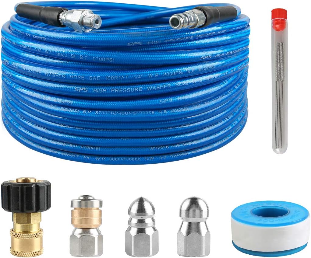 Sooprinse High Pressure Sewer Jetter Kit With Button and Rotating Nozzle, 50FT Drain Cleaning Hose, 4000 PSI - Daily Tool for Pressure Washer