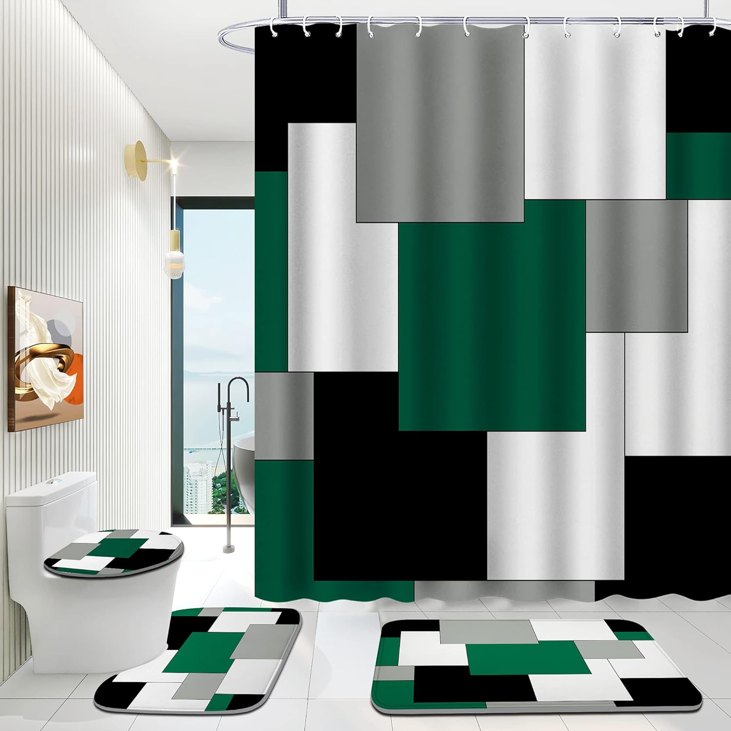 Green Bathroom Set with Shower Curtain and Rugs, 4 Piece Geometric Bathroom Set with Rugs, Incl Shower Curtain with 12 Hooks, Bath Mat, U-Shaped Floor Mat, Toilet Lid Oval Rug