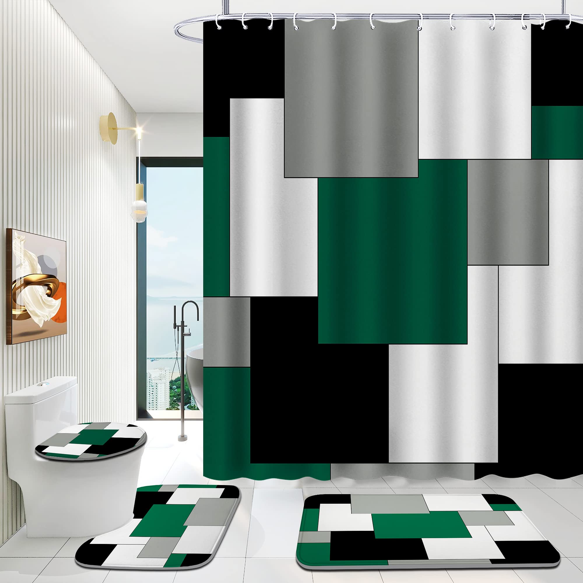 Amazon.com: ENYORSEL Green Bathroom Set with Shower Curtain and Rugs, 4 ...