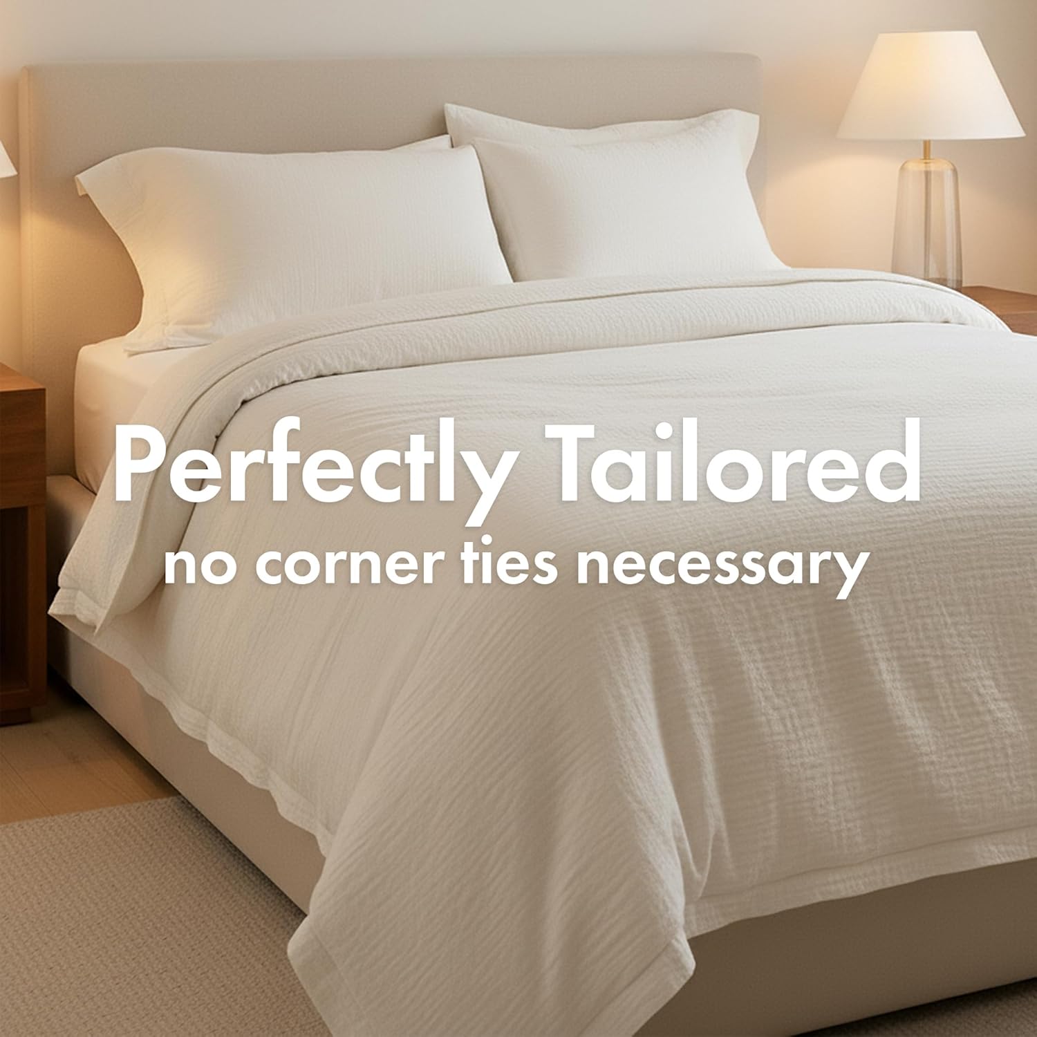 Queen Muslin Duvet Cover Set - 4-Layer 100% Cotton Gauze, Breathable Lightweight Comforter Cover w/No-Tie Channel + 2 Pillow Shams, Italian Cream, 92" x 88"