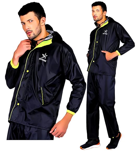 VRPRIME Rain Coat for Men | Waterproof Raincoat for Men with Set of Night Reflectors | Rain Suit with Adjustable Hood & Inside Pocket | Double Layered Rain Jacket & Trouser with Bag (Black)