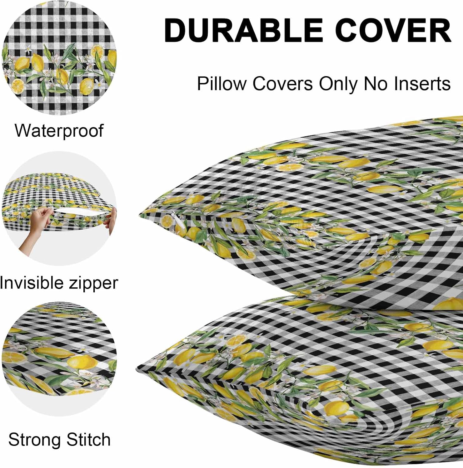 Outdoor Waterproof Throw Pillow Cover Summer Yellow Lemons Green Leaf Decorative Pillows Cushion Covers Black White Buffalo Check 2 Pack Pillow Cases for Patio Garden Balcony Couch Sofa 20x20In