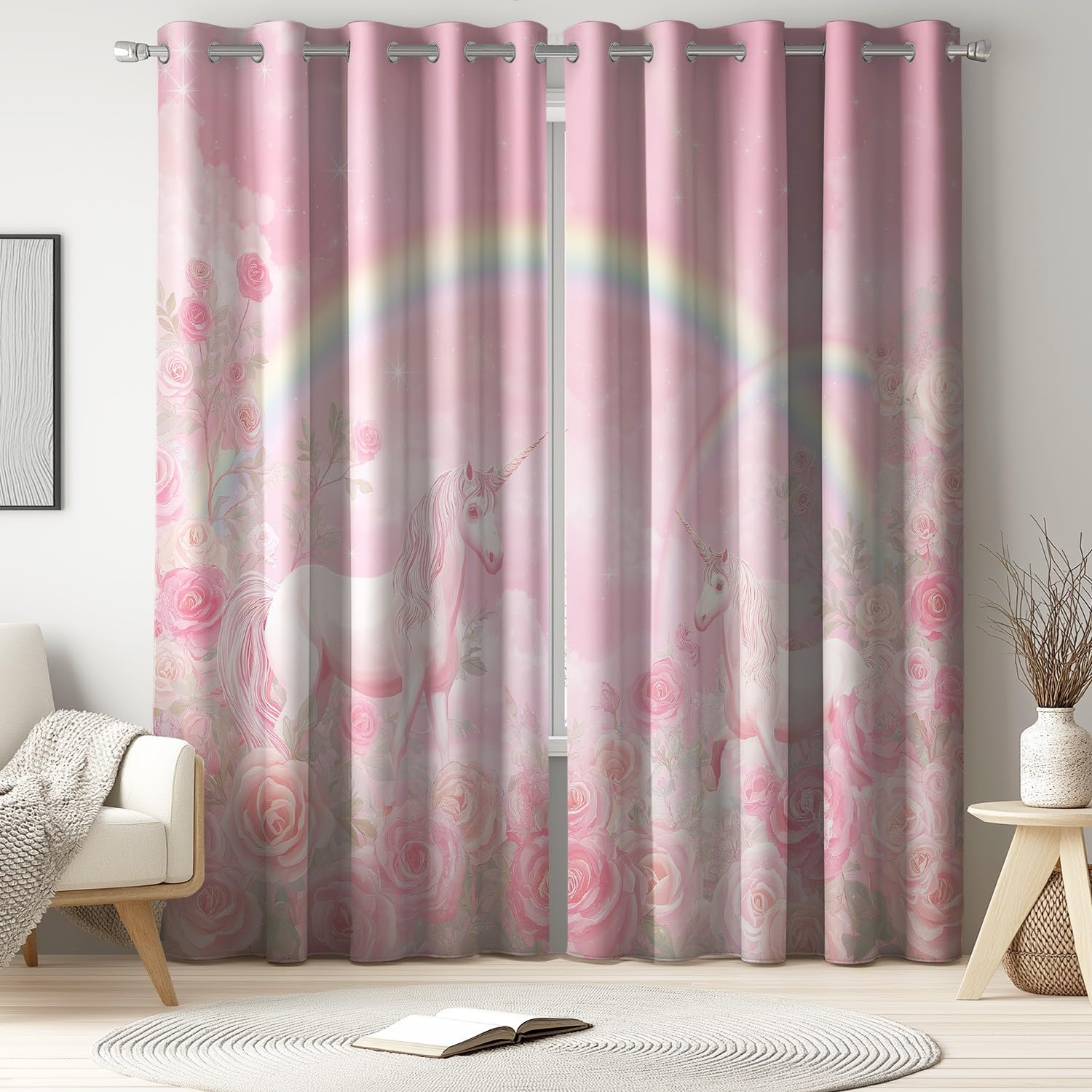 Générique Rideau Occultant Rêveur Animal Licorne - Lot de 2 Rideaux Opaque Rideaux à des Œillets Décoratifs Motif 200 x 240 CM pour la Chambre Le Salon et la Chambre d’Enfant Rose