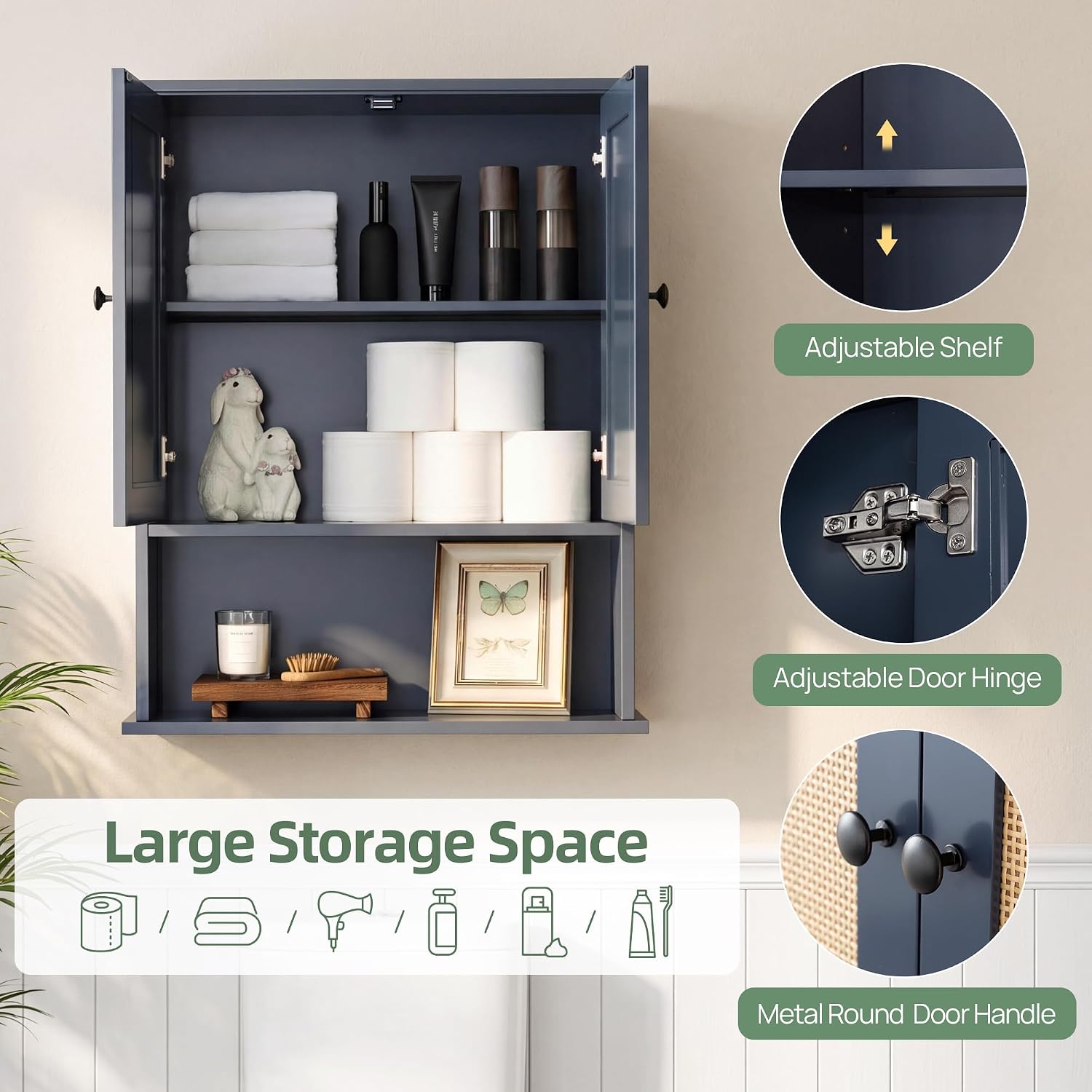 Premium Over The Toilet Storage Cabinet, Boho & Farmhouse Rattan Bathroom Organizer, Adjustable Bottom Bar for Water Valve Clearance, Navy Blue P2 MDF, 24"x30"