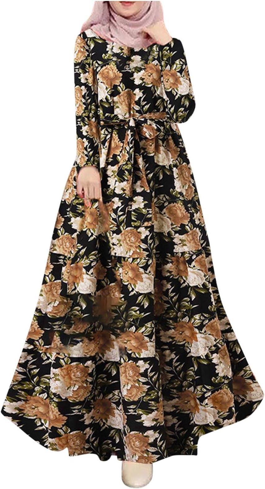 Muslim Dress for Women Retro Sun Print Long Sleeve Robe with Waist Tie Maxi Dress Modest Islamic Prayer Clothes Loose Fit Caftan Maxi Dresses