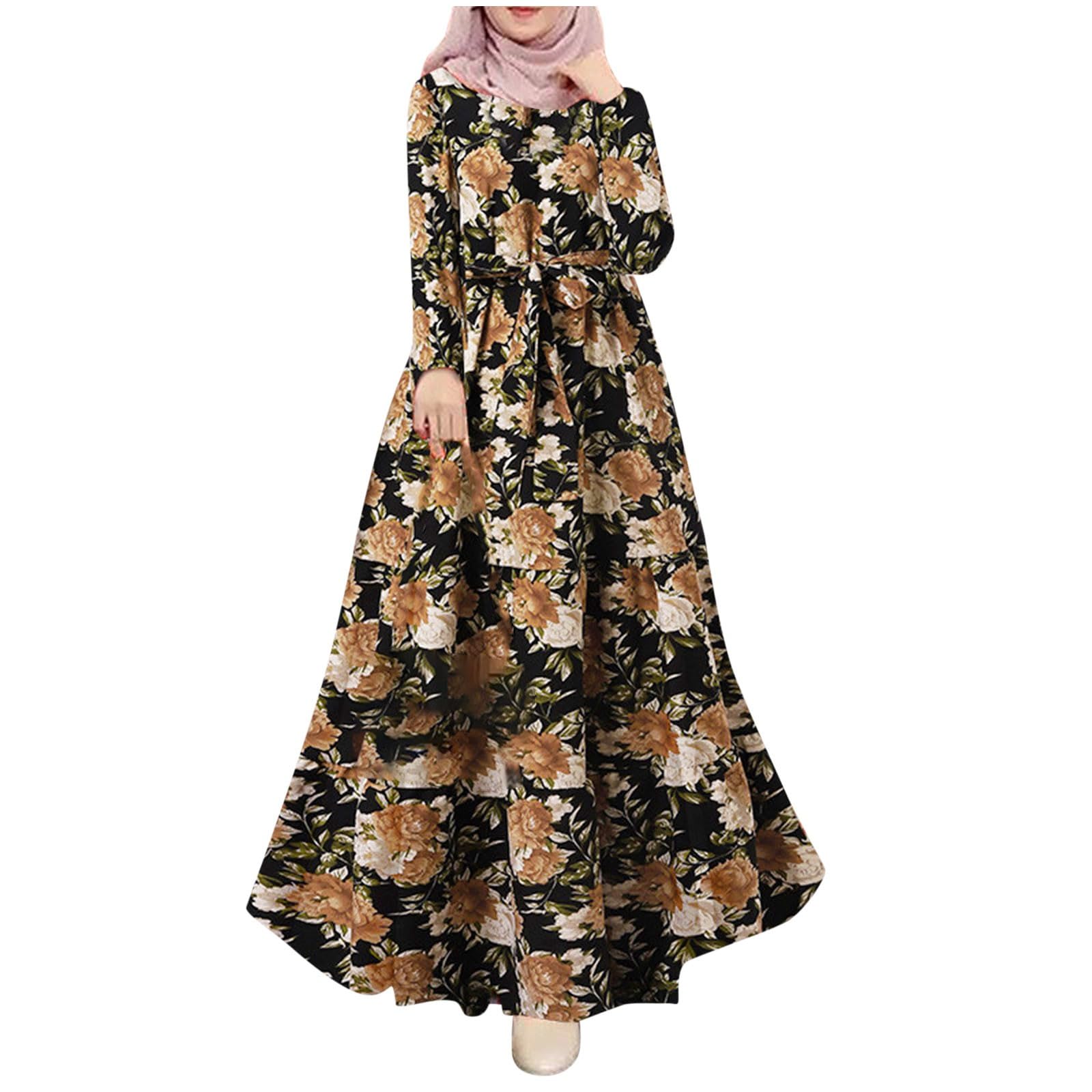 Muslim Dress for Women Retro Sun Print Long Sleeve Robe with Waist Tie Maxi Dress Modest Islamic Prayer Clothes Loose Fit Caftan Maxi Dresses