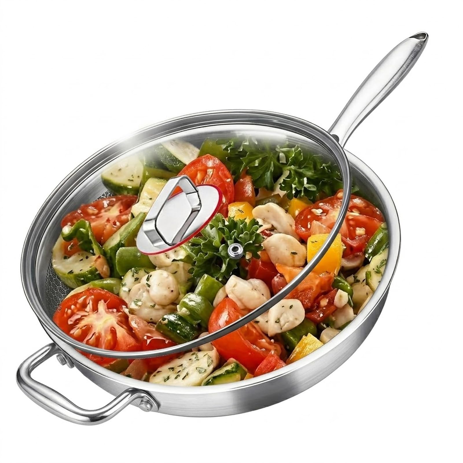 28cm Titanium Frying Pan with Glass Lid,Stainless Steel Non Stick Skillet