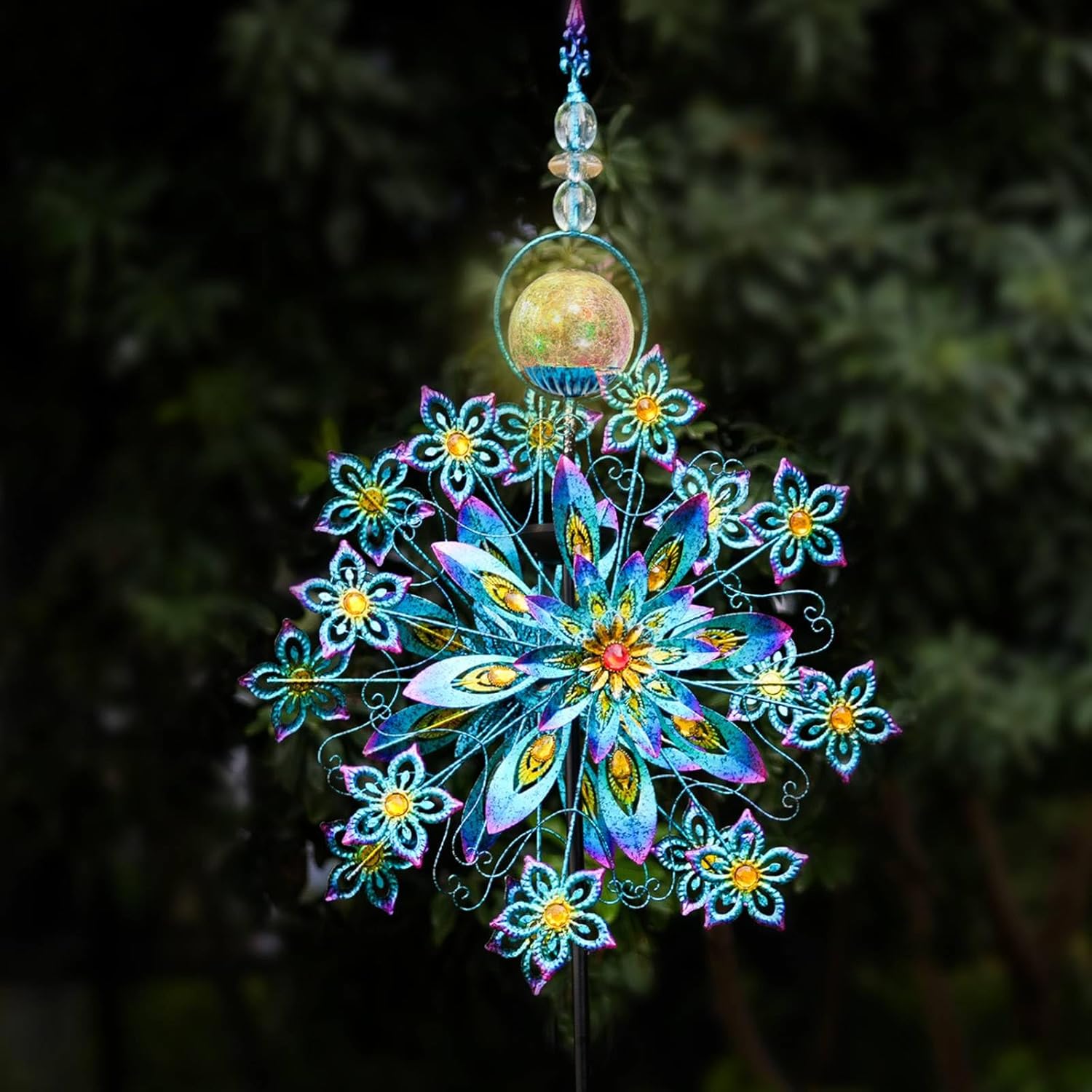 Kircust Large Solar Wind Spinner with Glass Ball - Peacock Themed Kinetic Garden Art, Dual Spinning Metal Decor for Outdoor Yard, Lawn, or Patio in Elegant Peacock Blue
