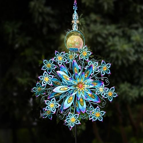 Miniatura 8 de Kircust Molinillo de viento solar, hilanderos de metal para patio con bola de vidrio alimentada por energía solar, esculturas cinéticas de viento de