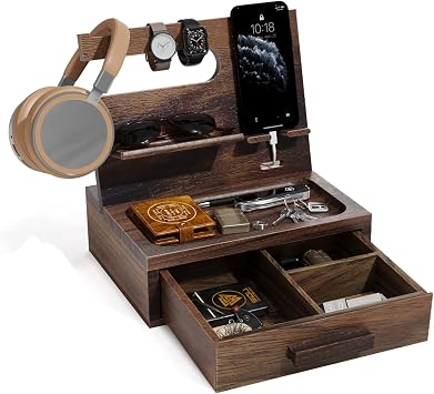 Gifts for Men Wooden Phone Docking Station, Nightstand Organizer with Drawer Organizer, Desk Organizer with Watch & Cell Phone Stand, Dad Birthday Fathers Day Gift