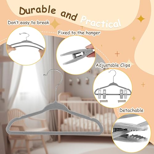 Miniatura 3 de Soaoo Paquete de 50 perchas de terciopelo para bebé con clips, perchas para bebés con 100 clips movibles para niños, pantalones de bebé, ropa para