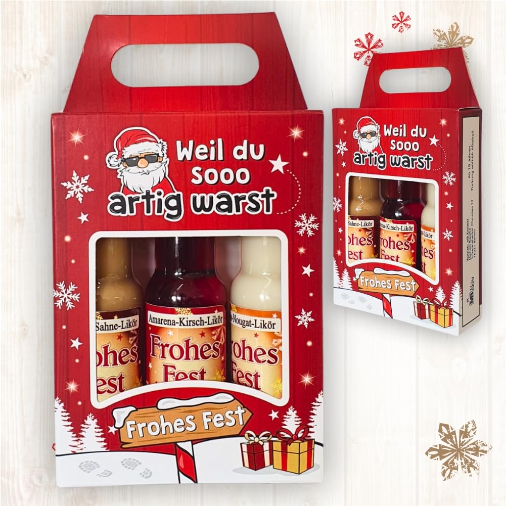 3er Box Weihnachtsliköre - Weil du so artig warst - Nuss Nougat Amarena Kirsch Schoko Sahne Likör | Geschenk zu Weihnachten in schöner Geschenkverpackung