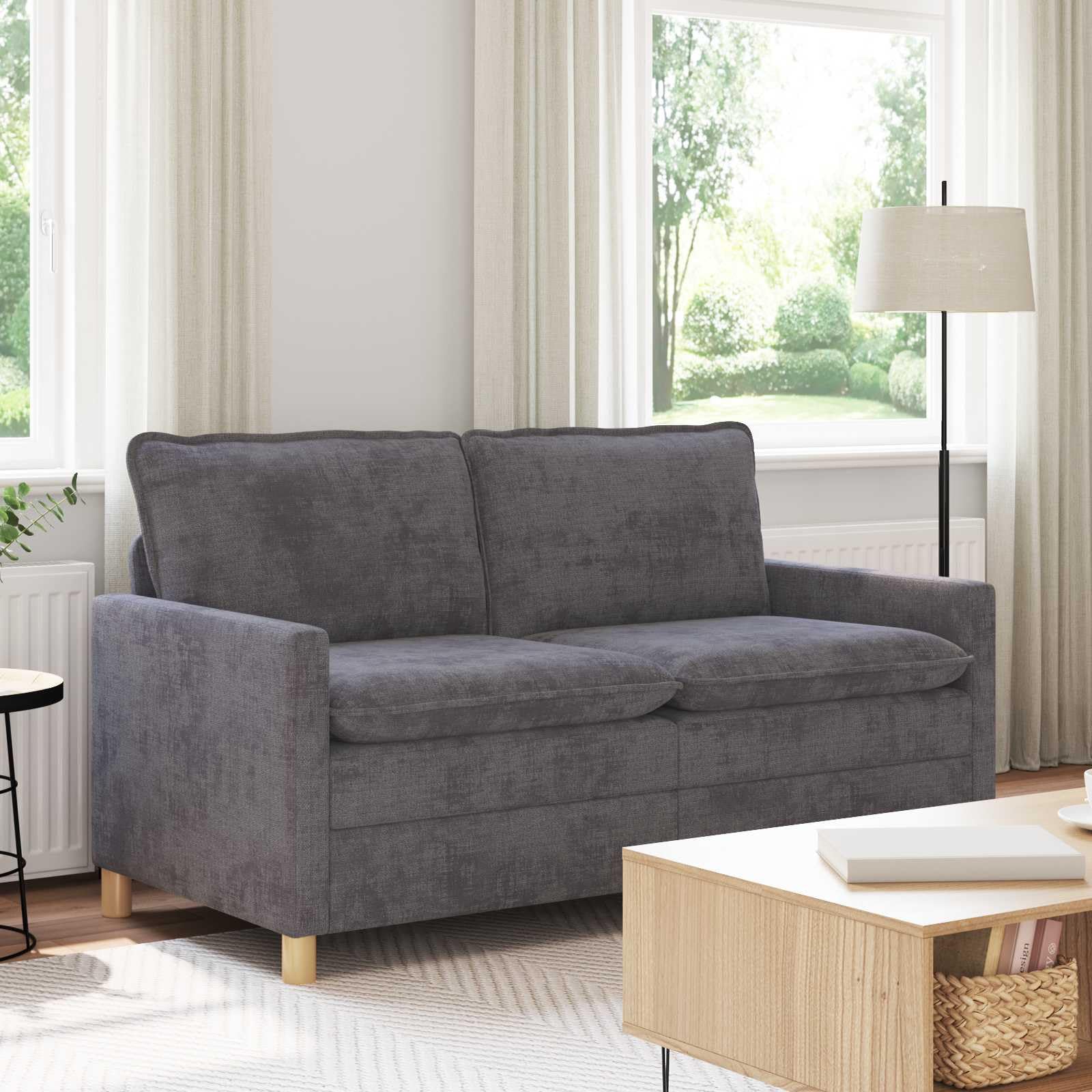 Canapé gris foncé 156 x 81 x 87,5 cm en polyester, canapé 2 places avec coussins doubles, accoudoirs réglables, cadre en métal robuste, idéal pour salon, chambre d'amis, gris foncé