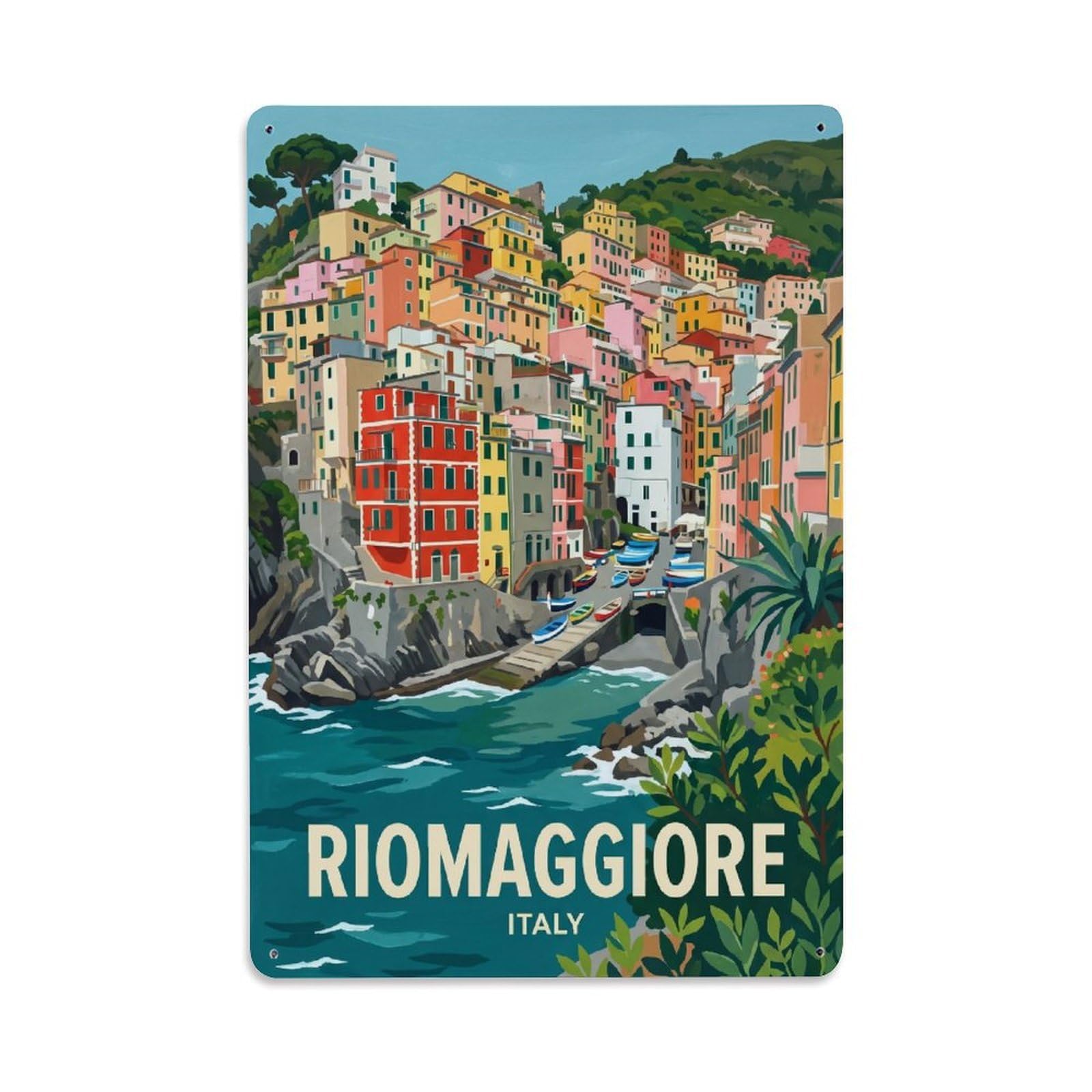 Huiyhb 8X12inch(20X30cm) Vintage Travel Riomaggiore Italy Gouache Metal Tin Sign