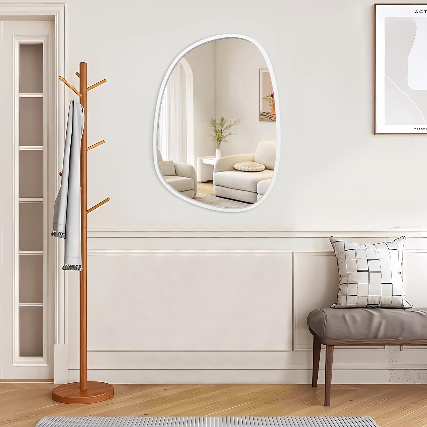 Wooden Frame Irregular Oval Wall Mirror Asymmetrical Modern Mirror Unique Shape Wall Mounted Vanity Artistic Mirror Decor for Bedroom Bathroom Living Room Entryway Hallway Large White 26"x18"