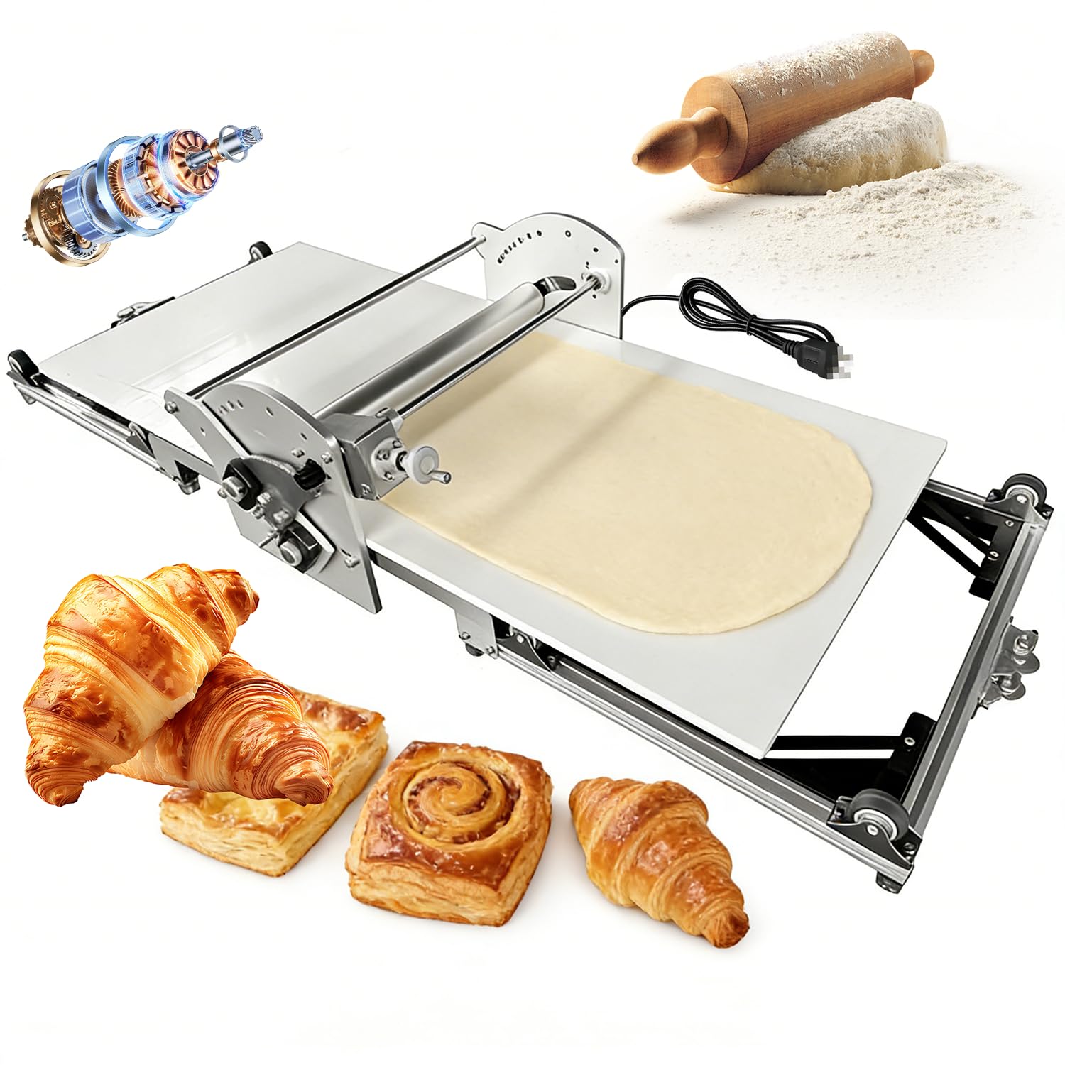 NGDFGR Electric Dough Sheeter Machine, 40” With Adjustable Thickness 0.07–1.18”, 304 Stainless Steel, Foldable Design For Pizza Dough, Pasta, Pastry Prep
