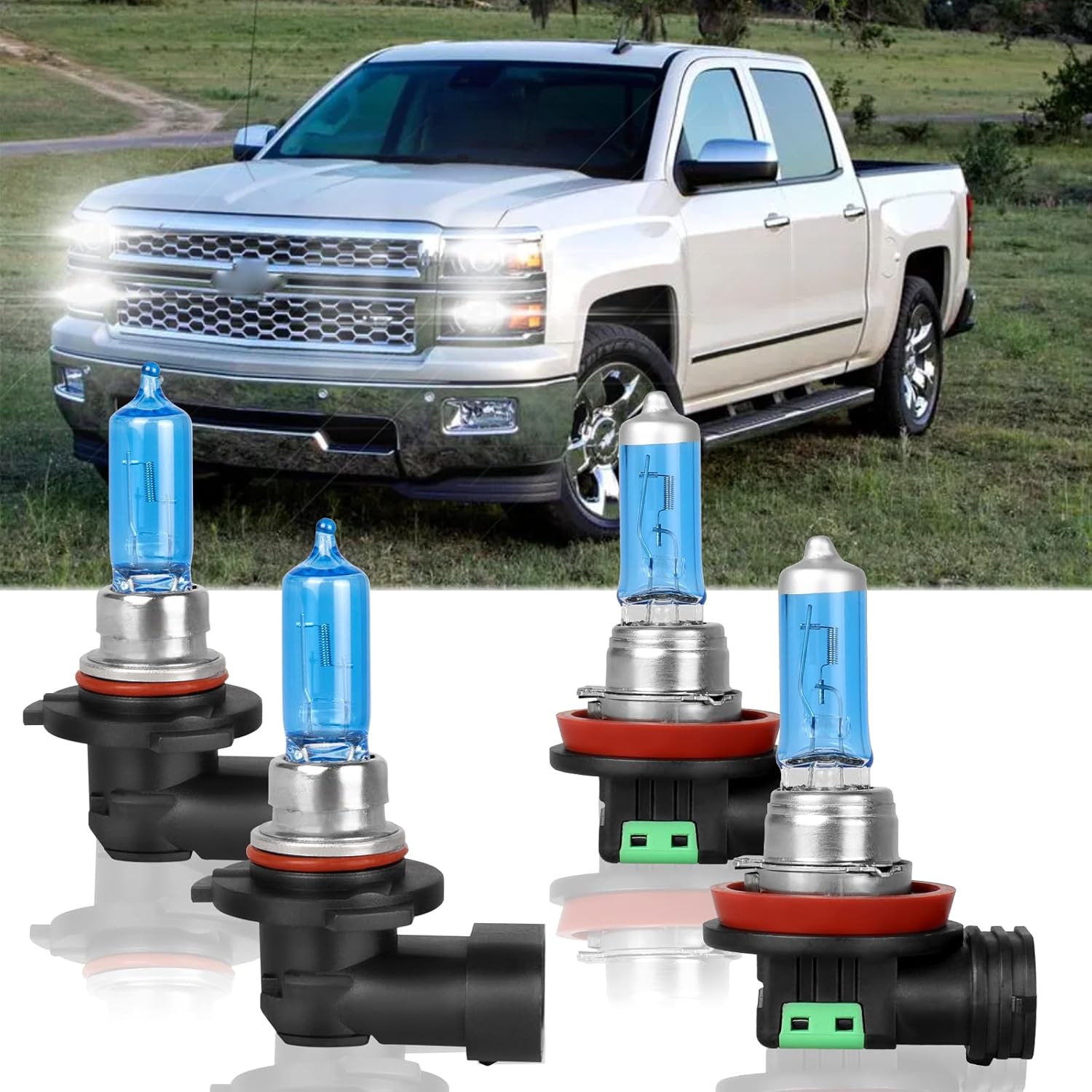 Fit for Chevrolet Silverado 1500(2007-2021) Chevy Silverado 2500 HD 3500 HD(2007-2022) High Performance Halogen Headlight Bulbs,9005 High Beam + H11 Low Beam Headlamp Replacement Bulbs Kit,Pack of 4