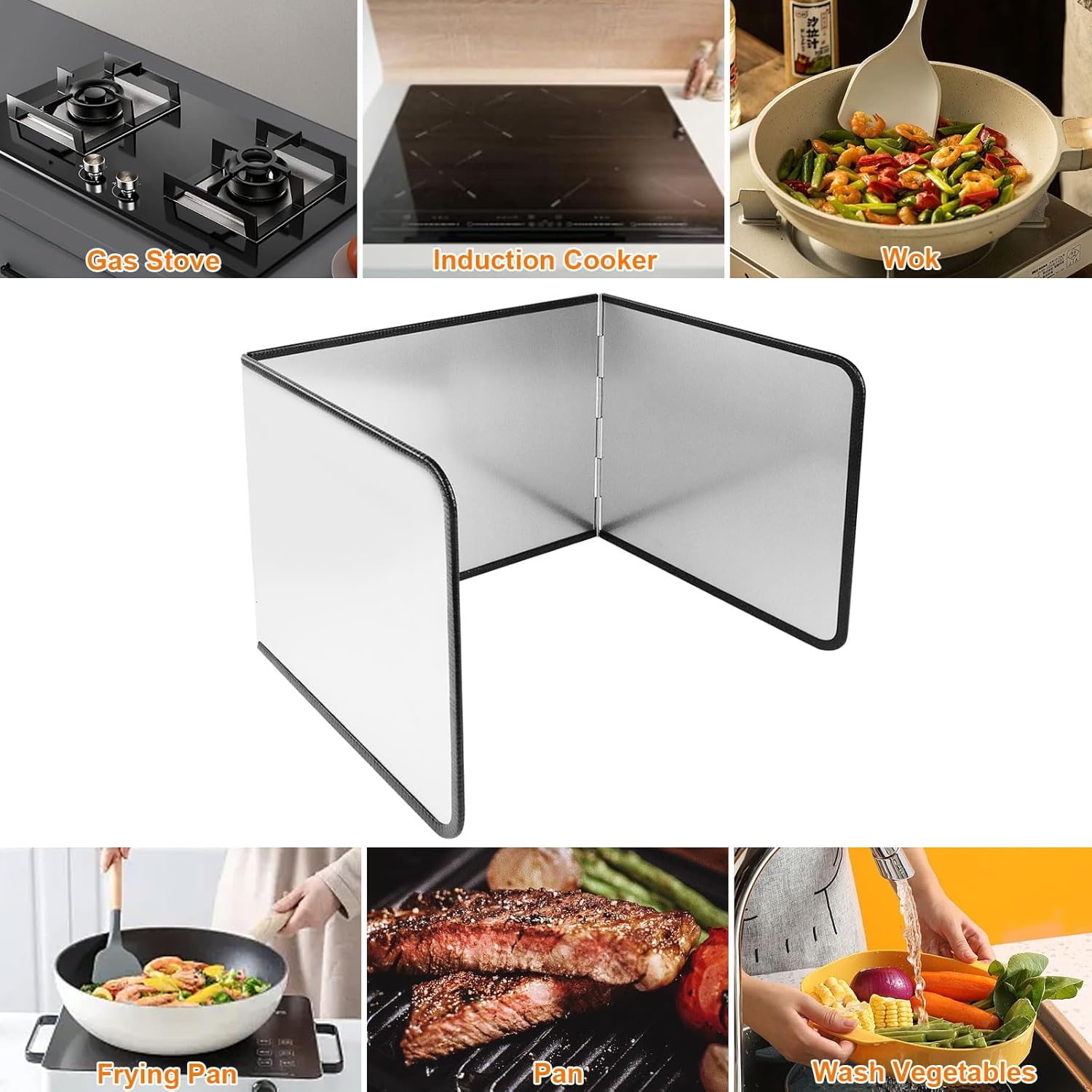 Qivine Grease Splatter Guard for Frying Pan, Non-Stick Splash Guard for Frying Pan, Cooking Oil Splatter Screen for Frying Pan, Stainless Steel Foldable Spatter Shield Frying for Wall BBQ (3 Sided)
