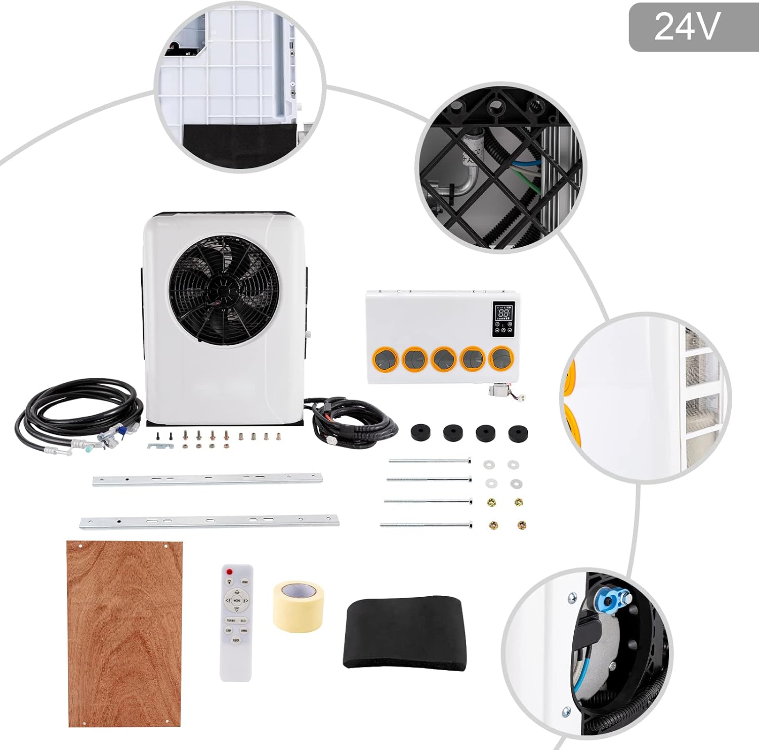 Air Conditioner Split, 12000BTU 950W 24V DC Truck Cab A/C Kit Portable RV Air Conditioners Split AC Set with Outdoor Indoor Unit & Remote Control for Trailers, Heavy Trucks, School Buses
