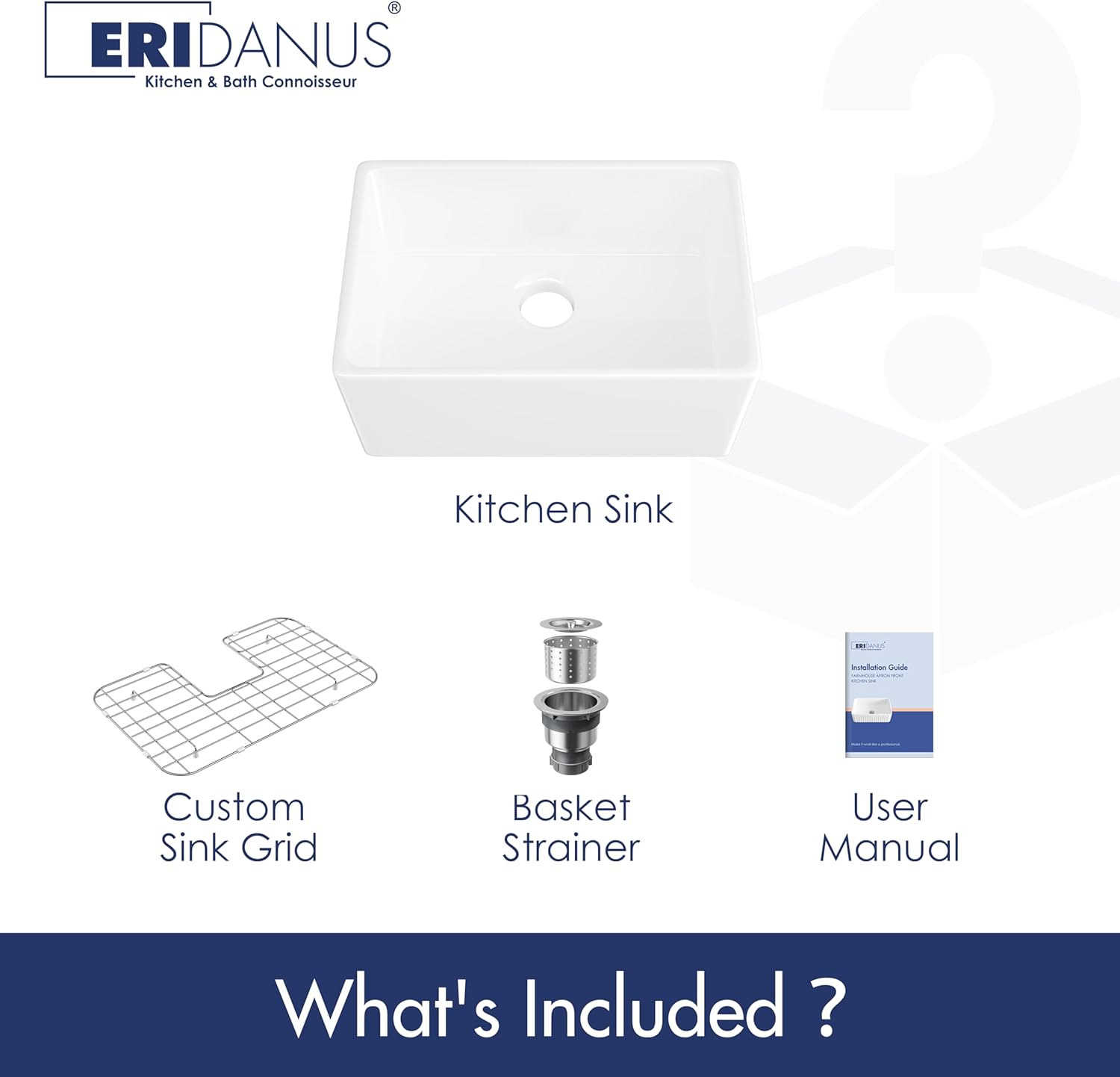 Farmhouse Sink, Eridanus 24 Inch x 16 Inch White Farm Sink Small Farmhouse Kitchen Sink Apron Sink, 24" Kitchen Sink Single Bowl Prep Bar Sink, Laundry Sink with Bottom Grid and Strainer Drain