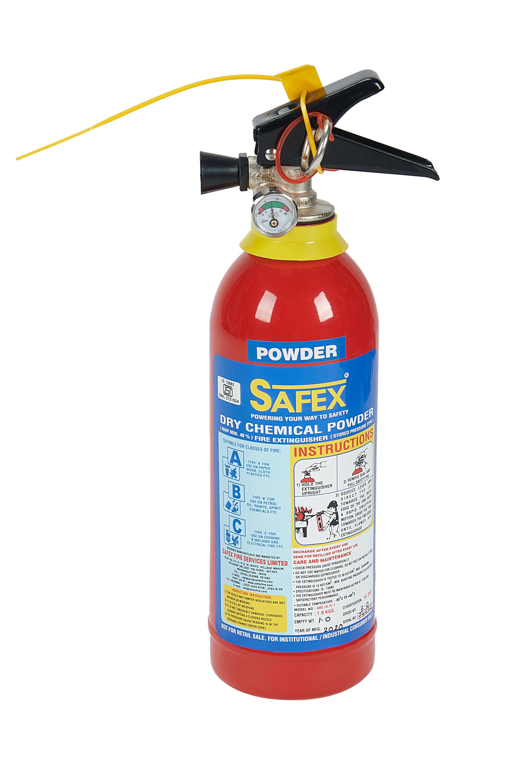 Safex ABC Dry Chemical Powder Fire Extinguisher | Portable Stored Pressure Type | MAP 40% | 1–9 Kg | Multipurpose Fire Safety for Home, Office & Vehicle (1KG)