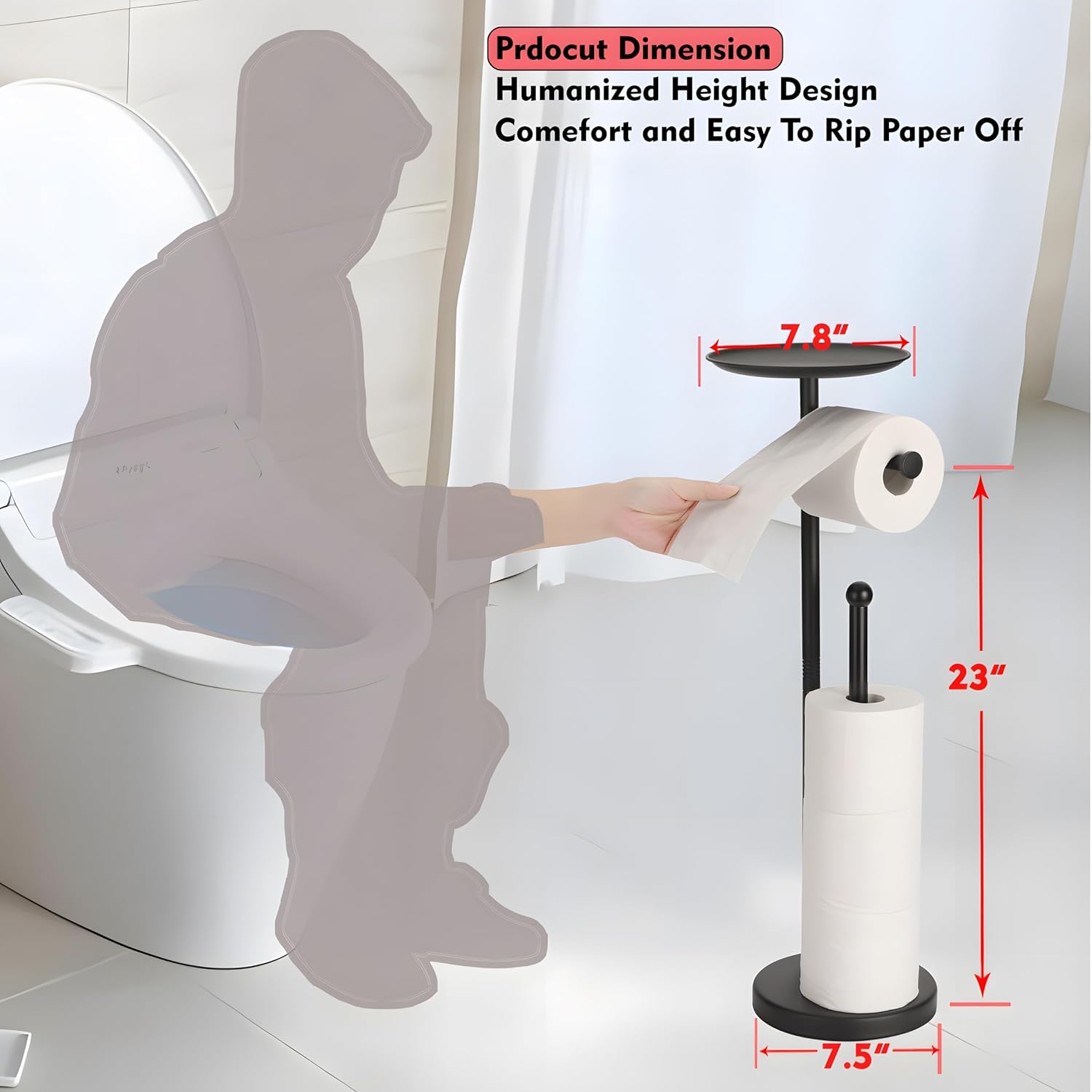 Noonext Black Toilet Paper Holder With Shelf, Freestanding Toilet Paper Holder Stand With Tray At The Top, Heavy Base No Tipping Over (Stainless Steel, Black)