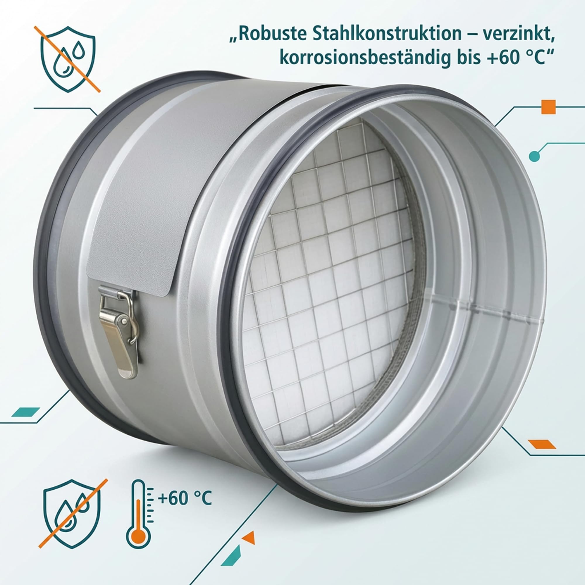 Easy Act Filtro de polvo grueso redondo de 200 mm de diámetro para suministro de aire, filtro de tubo de acero galvanizado para filtración de partículas gruesas en sistemas de ventilación