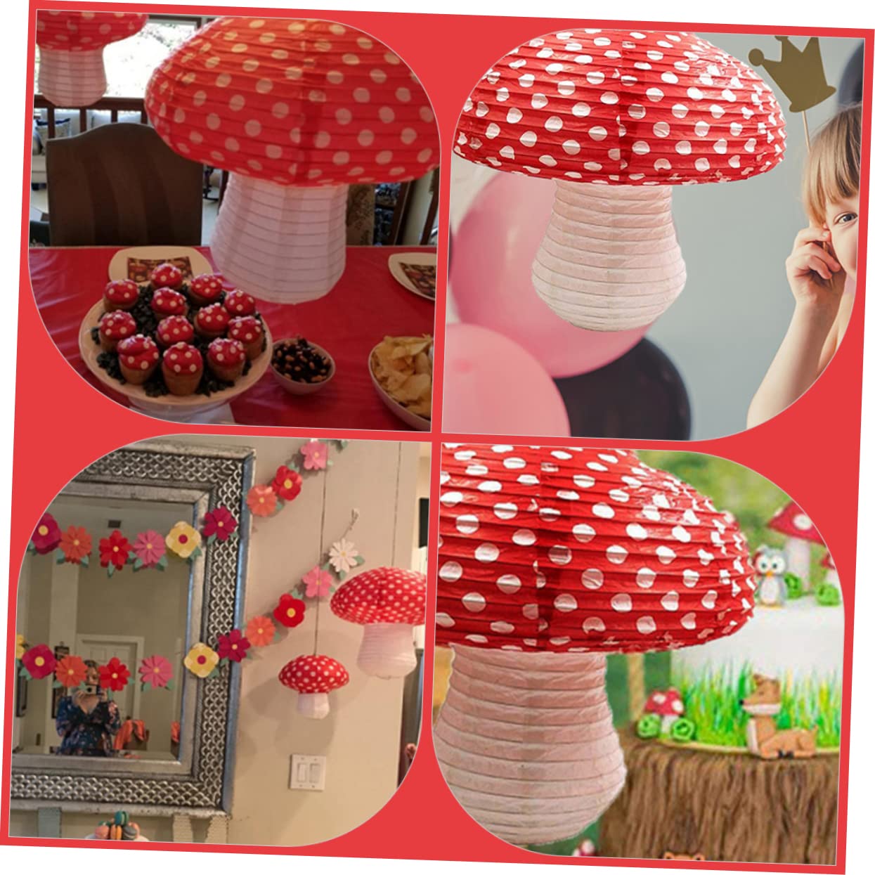 Lampade Cinesi a Forma di Fungo in Carta 4 Pezzi Rosse