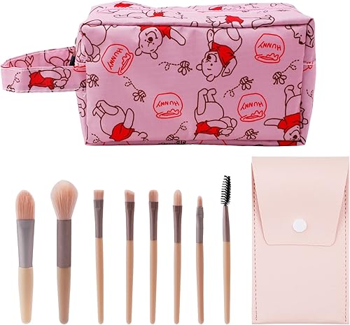 Bolsa de maquillaje de gatito de dibujos animados con cepillo de maquillaje, estuche de cosméticos de puntada de felpa, 8 piezas, bolsa de capacidad