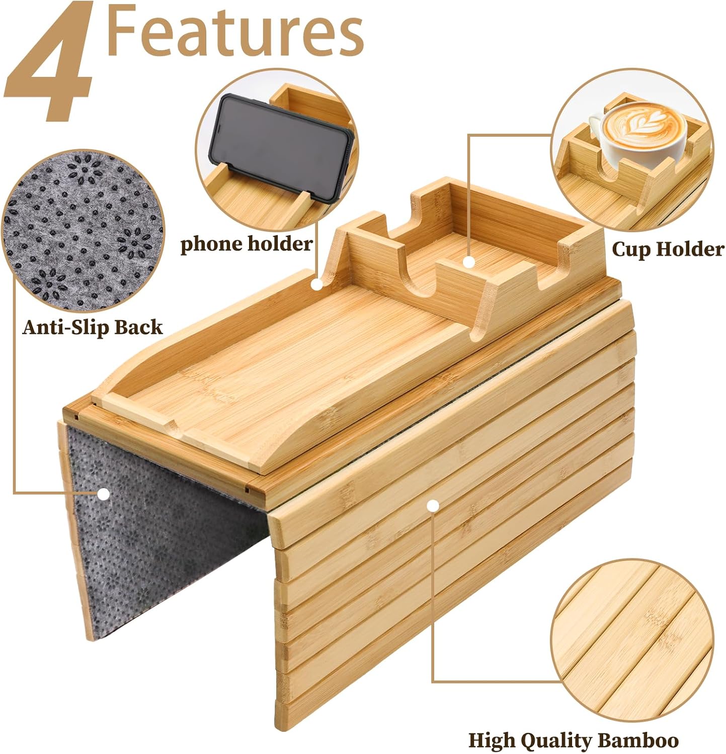 Bamboo Couch Arm Tray with Detachable Cup Holder - 2 in 1 Design, Foldable Anti-Falling Sofa Armrest Tray for Cups, Snacks, Remote - Image 3