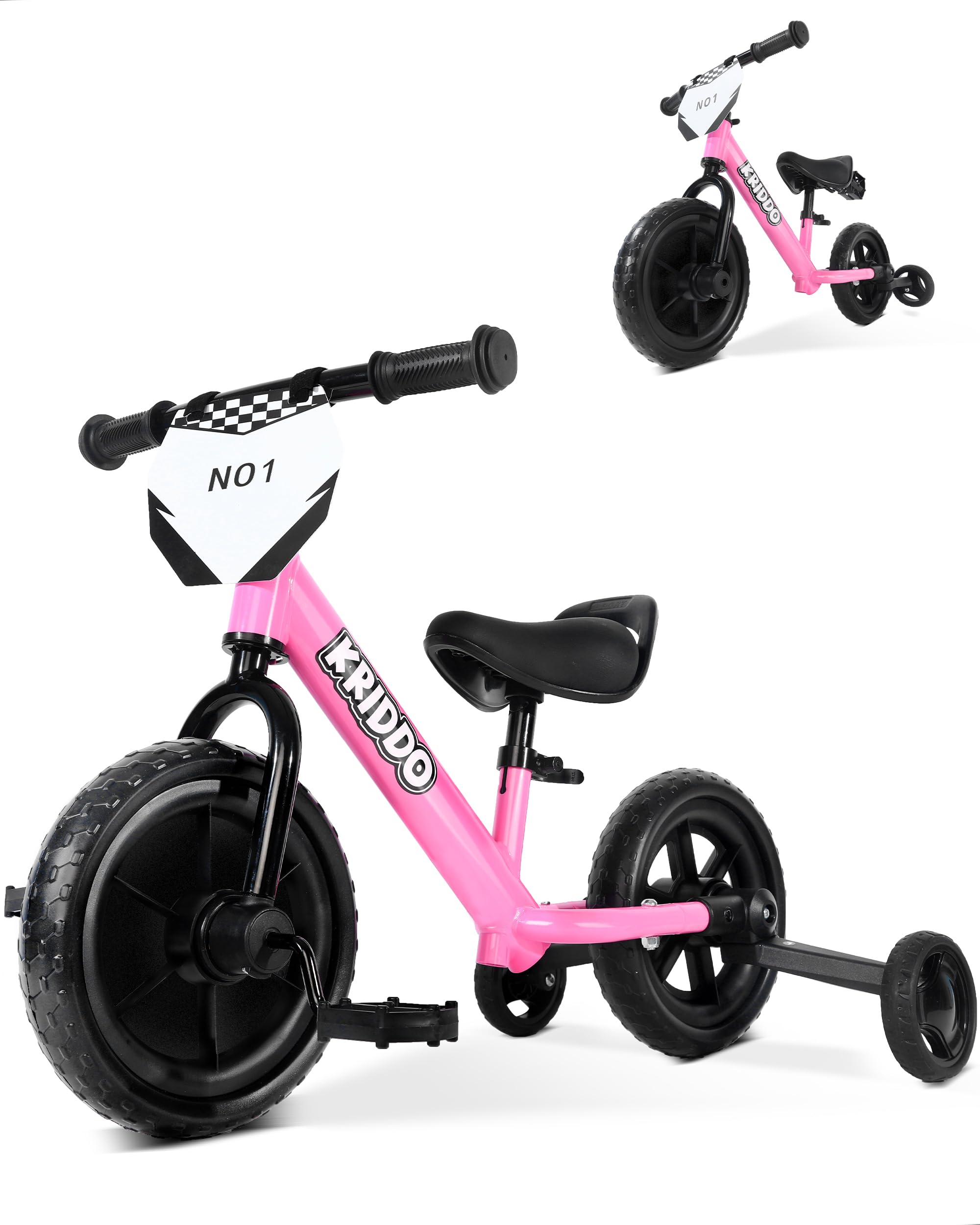 KRIDDO 2-in-1 Kids Tricycle and Toddler Balance Bike 2 Year Old, Detachable Pedals and Stowable Training Wheels, DIY Plate, Riding Trikes Toy for Ages 18 Months to 3 Years, Pink