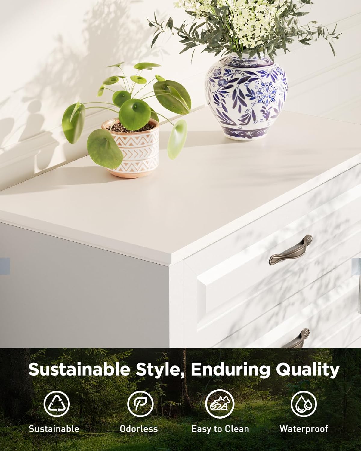 Hand demonstrating the smooth and quiet operation of a dresser drawer