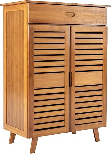 Miniatura 8 de Zapatero de bambú natural con 1 cajón, zapatero de 2 puertas para tacones, botas, zapatillas, zapatero independiente, pasillo de entrada, armario de