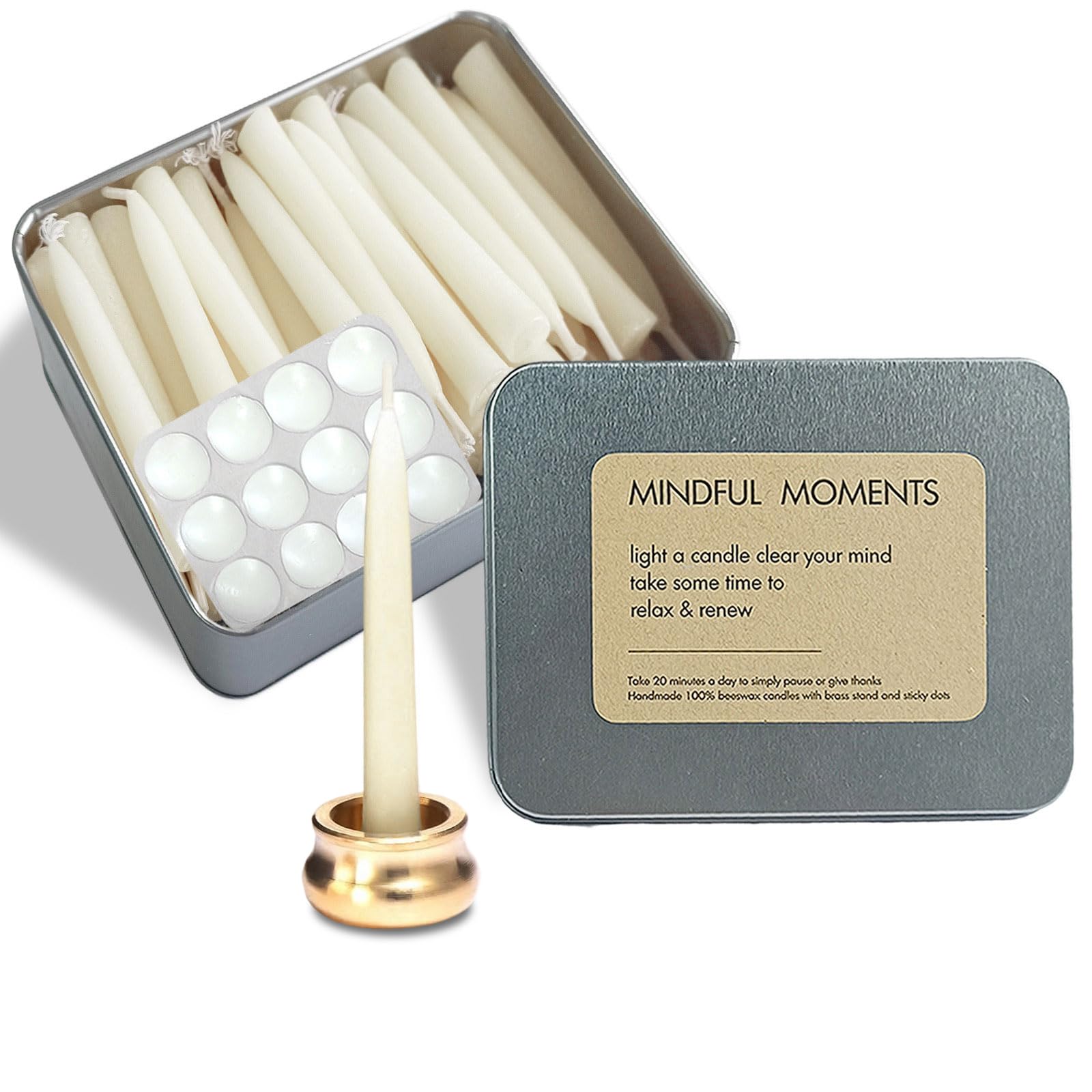 Meditation White Taper Candles Set, 20 Minute Unscented Mini Prayer Candles, 30 pcs Small Wishing Candle with Brass Candle Holders for Home Yoga Unscented 30 Pack