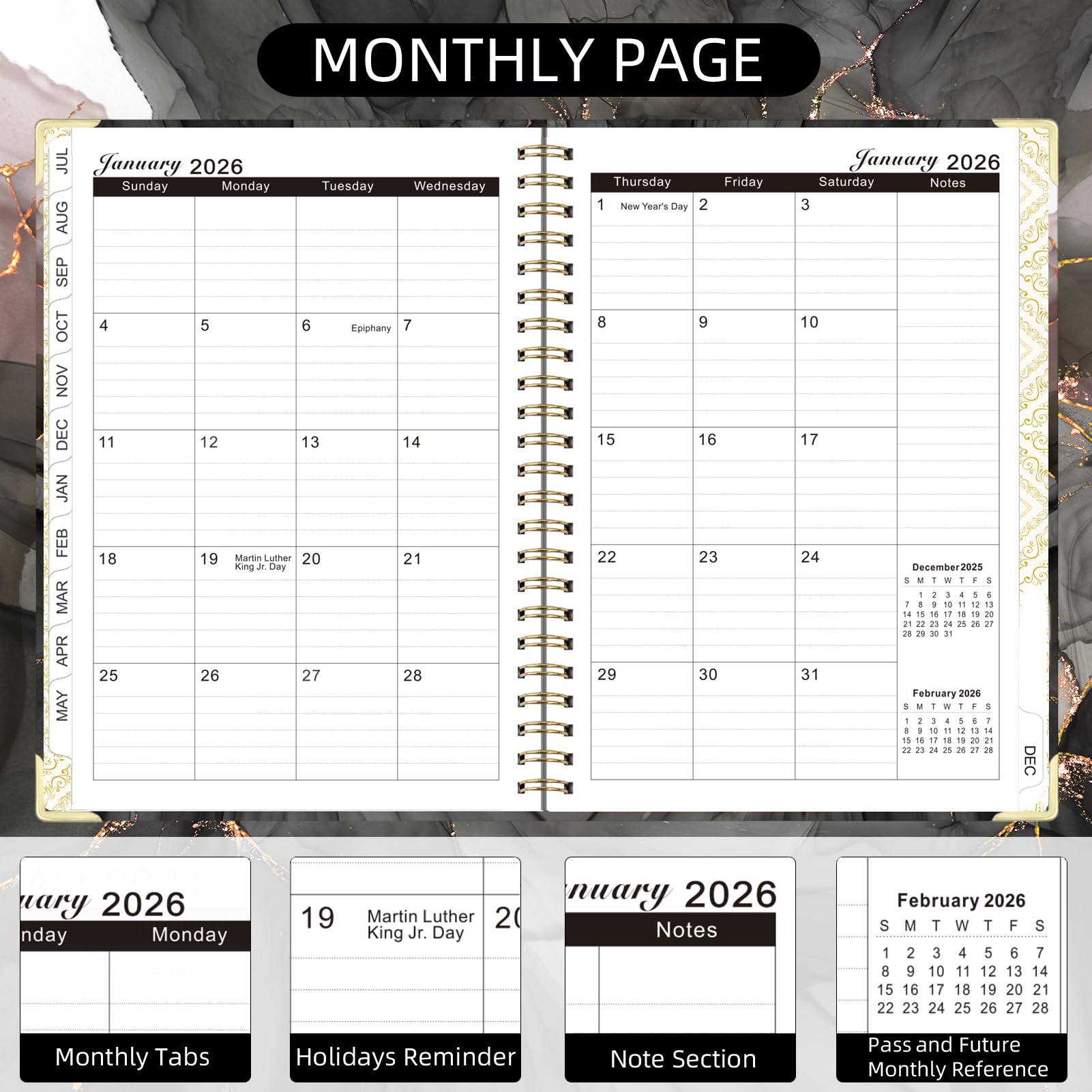 Knagsfa 2026 Planner, Jan.2026 - Dec.2026 Weekly Monthly Planner 6.25"x8.5" with Page Tabs, Calendar Hardcover with Inner Pocket, Elastic Band, Twin-Wire Binding, Bookmark, Black Pink Marble - Image 3