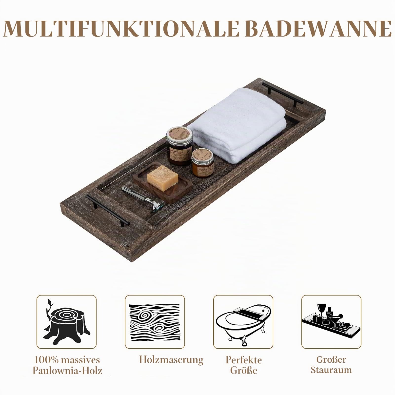 Hanobe Badewannenablage Serviertablett Holz Groß: Rustikal Badewannenbrett Rechteckig Extra Großes Holztablett Deko Badesofa Zubehör Tablett mit Henkel Badewannenregal für Badewanne 80cm