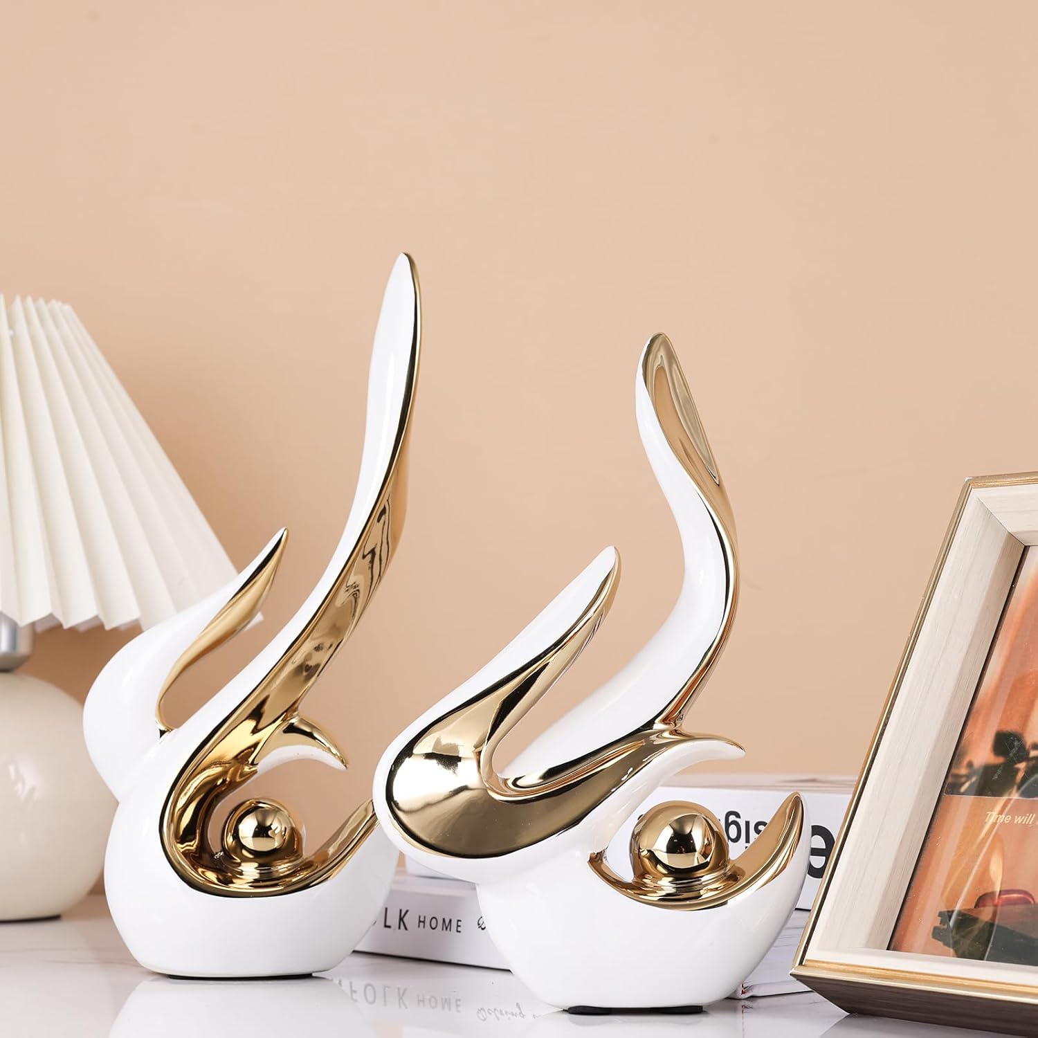 Mid Century Modern Abstract Art Home Decor Accent,Porcelain Statues for Living Room Coffee Table Centerpieces for Dining Room,Ceramic Sculptures and Gold Knick Knacks for TV Stand Decor (White Gold) - Image 5