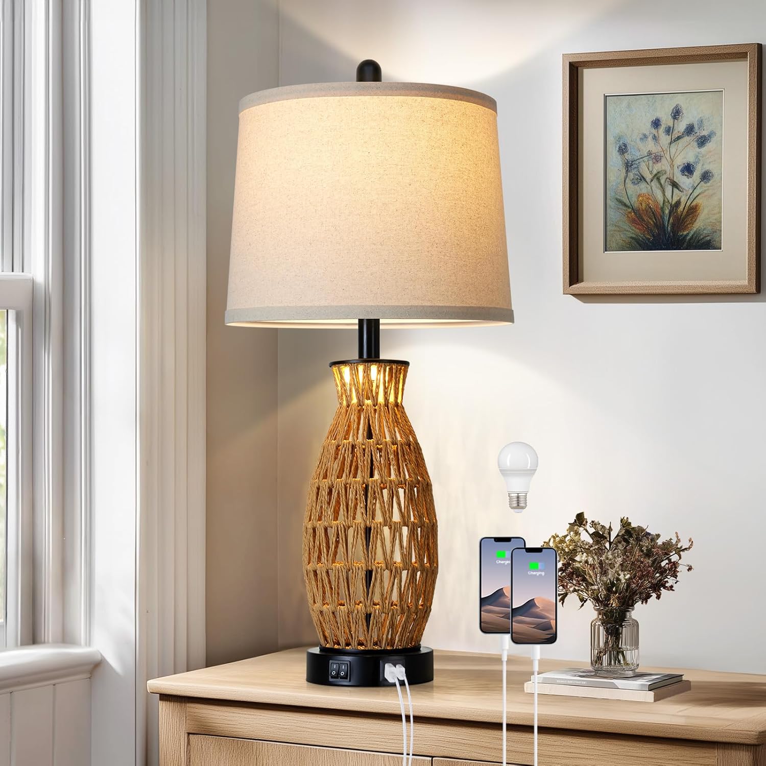 27" Boho Rattan Table Lamp Single with Night Light, Handwoven Wicker Bedside Lamp with USB A+C Charging Port, Woven Coastal Bedroom Lamps for Night stand, Beach Living Room Lamps for End Table