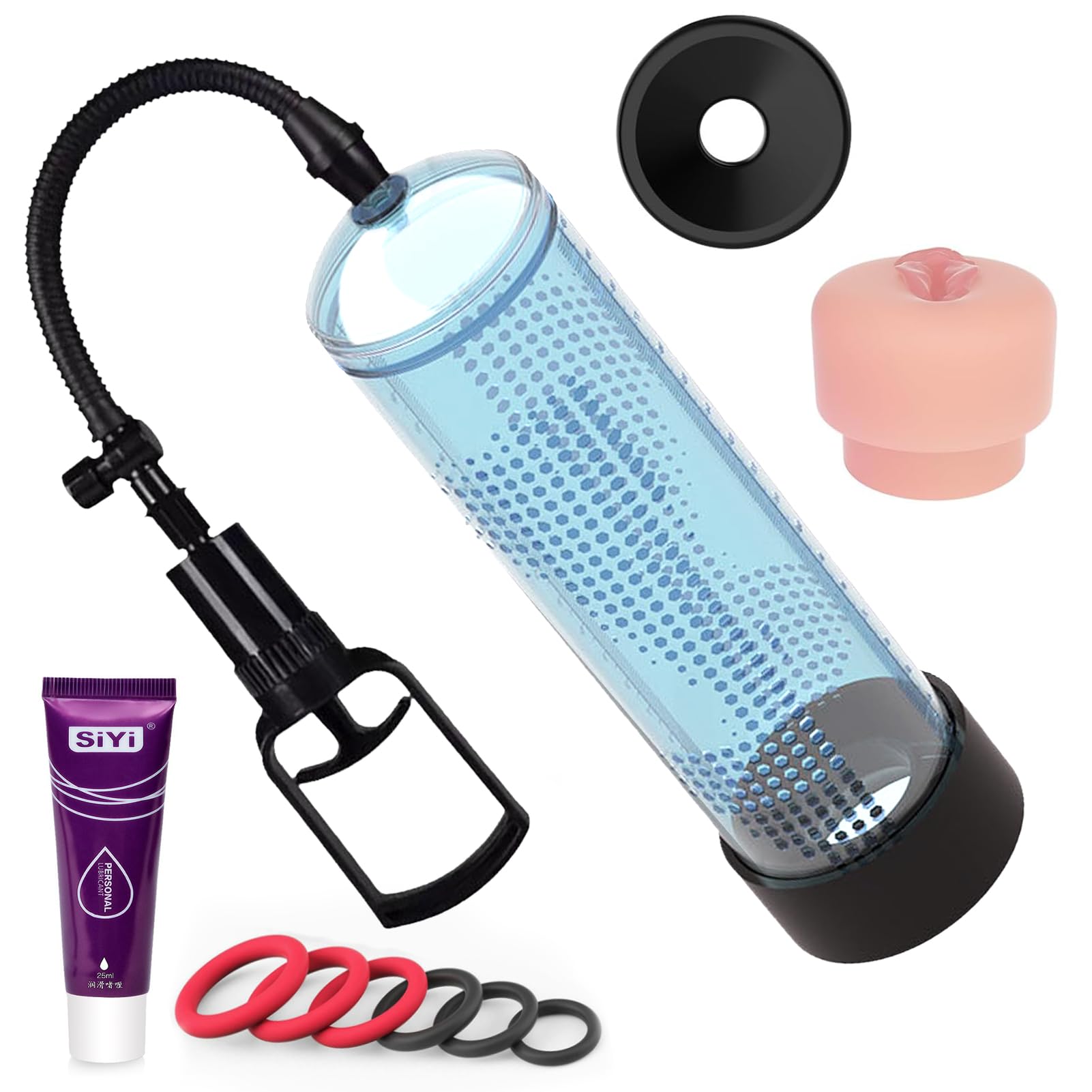 Pompe à Vide pour Homme avec 6 Anneaux de Constriction et 2 Bases en Silicone Doux - Pompe à Pénis pour Amélioration de la Performance Sexuelle - Made in ABS de Haute Qualité - Livrée avec Gel Lubrifi