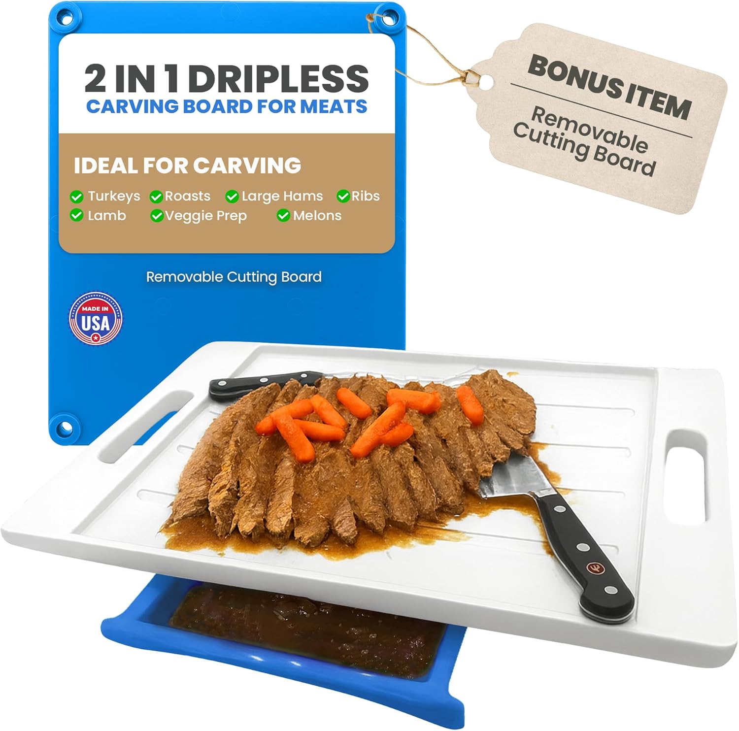 XL Meal Prep System Cutting Board - Large Cutting Board with Juice Groove, Spikes, Drip Tray & Removable Surface - Carving Board - BBQ Essential & Kitchen Gifts - BPA Free Cutting Board - Blue