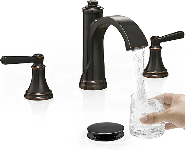 HEYMYTAP Waterfall Bathroom Faucet 3 Hole, 4-16 Inch Oil Rubbed Bronze Bathroom Faucet, Brass Bathroom Sink Faucet, 2 Handle Bathroom Faucets, Bathroom Vanity Faucet with Pop-Up Drain, Water Hoses