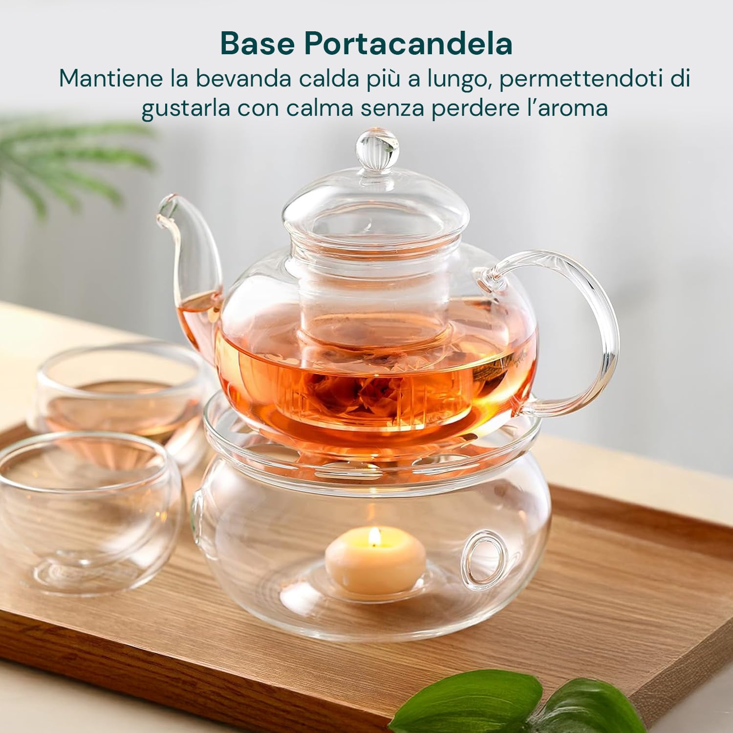 Avilia - Teiera in Vetro 600ml con Infusore e Base Portacandela, Set con 6 Tazzine Resistenti al Calore, Ideale per Tè Sfuso e Infusi, Elegante Idea Regalo Raffinata