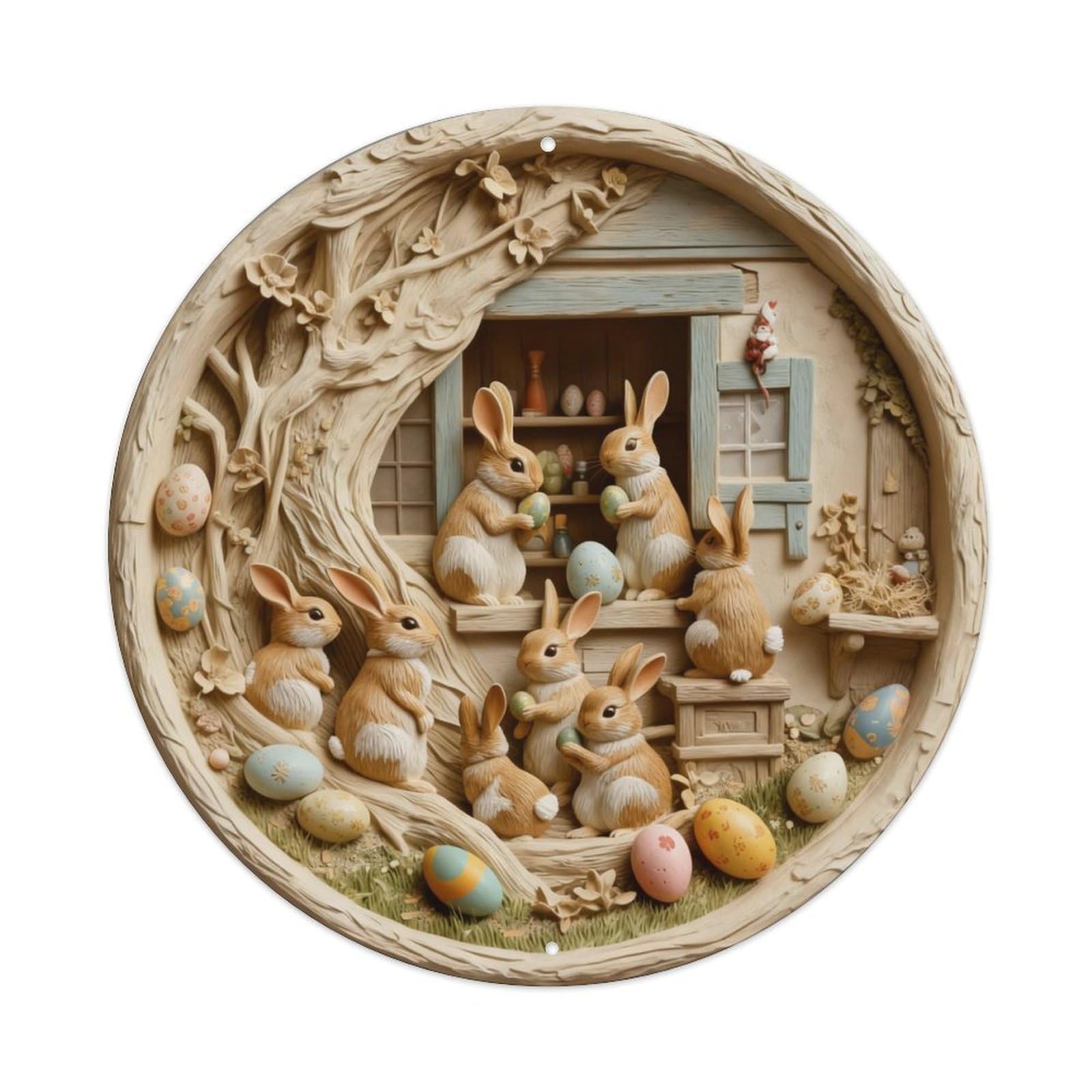 Zlatcbu Vintage Easter Bunnies Eggs Tree House Metal Tin Sign Retro Wall Art Poster, Decor For Home Living Room Bar Cafe Garage, 8X8 Inch