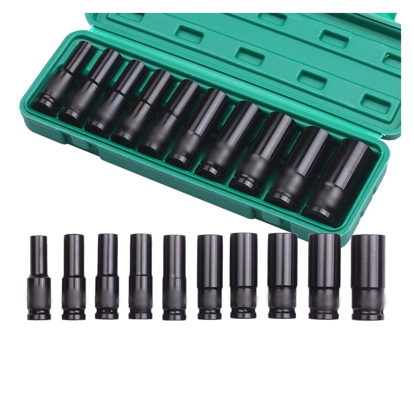 Juego de llaves de impacto de 6 puntos con accionamiento de 1/2 pulgadas, 10 piezas de tamaños métricos, juego de llaves de impacto de acero al carbono de 10-24mm con caja dura de almacenamiento ( Col