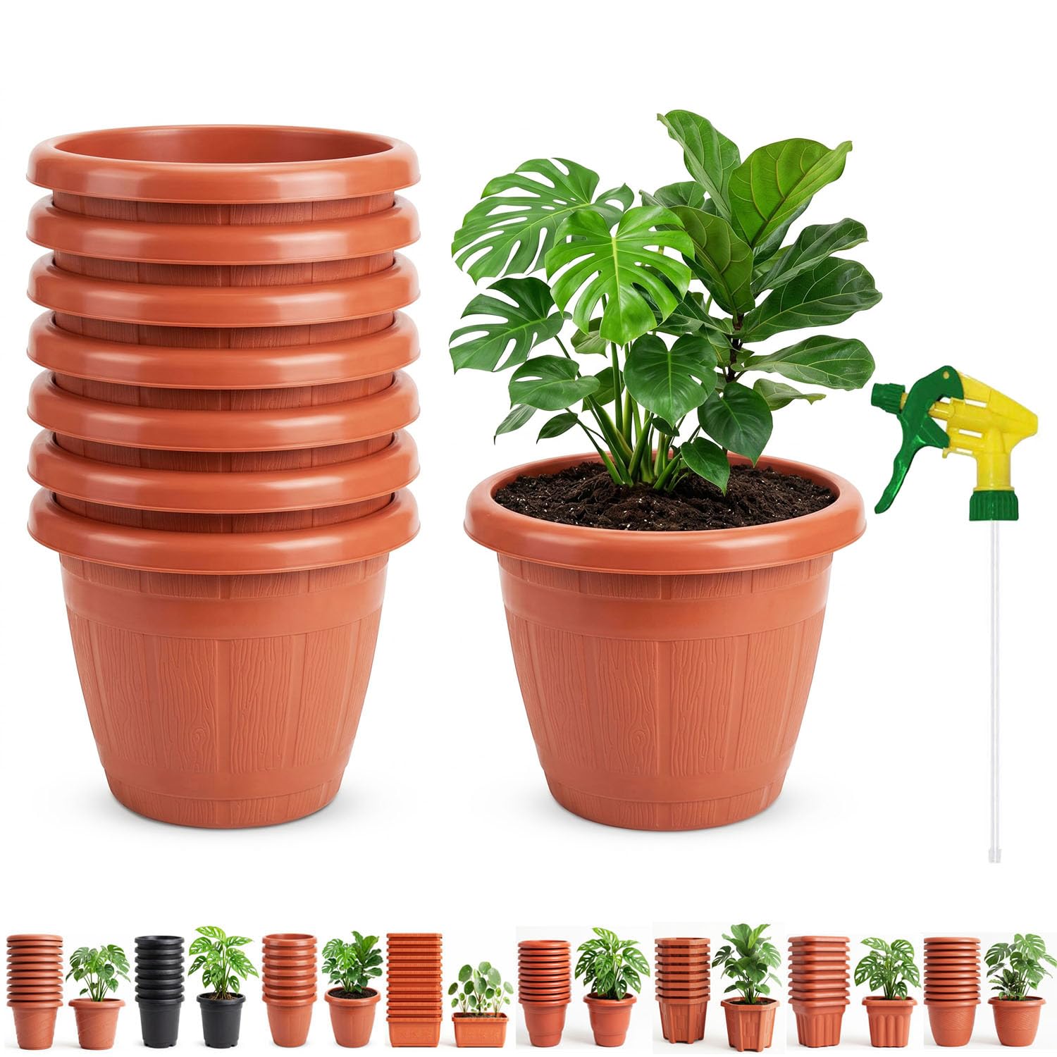 SAI Balaji 14 Inch Round Flower Pots (Vertical) for Indoor & Outdoor Plants |Pack of 5 | Includes Trigger Spray Head | Drainage Base Terracotta Planters for Home, Garden, Nursery, Balcony-image-35