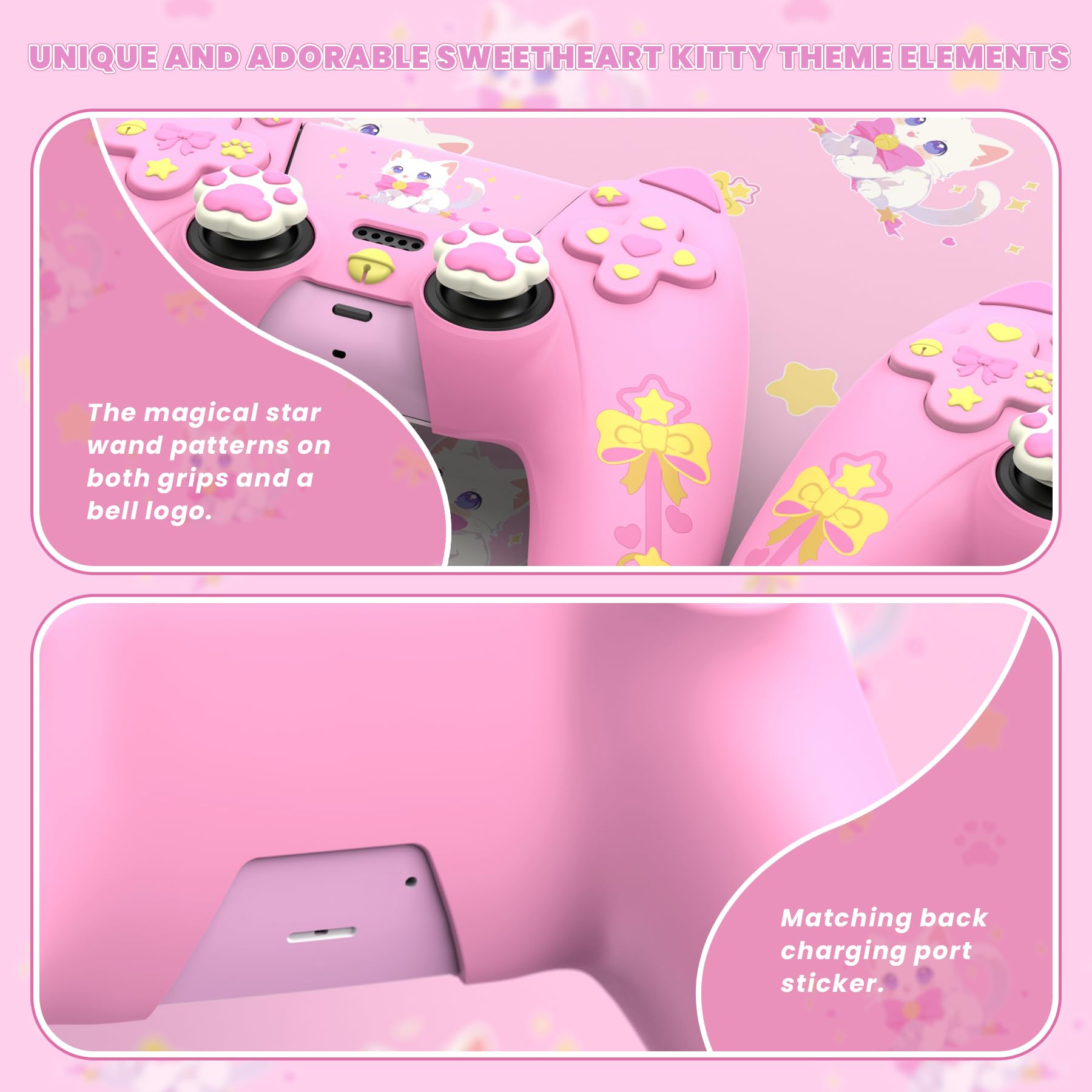 PlayVital Funda de Silicona para ps5 Mando - Cubierta Protectora con 6 Tapas de Joystick y 6 Pegatinas, Suave y Antideslizante, Compatible con Base de Carga Oficial, Sweetheart Kitty Diseño (Rosa)