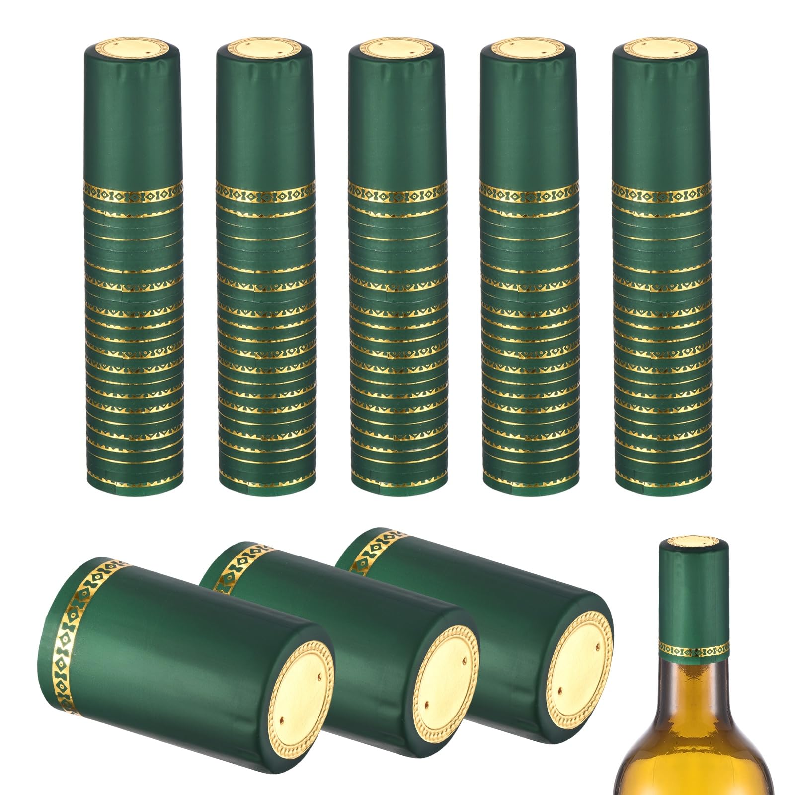 sourcing map 150Pcs PVC Heat Shrink Capsules, 32mm x 50mm Wine Bottle Capsules Shrink Wrap Sleeves Bottle Corks Caps for Wine Making Cellars and Home Kitchen, Gold/Green Gold Foil