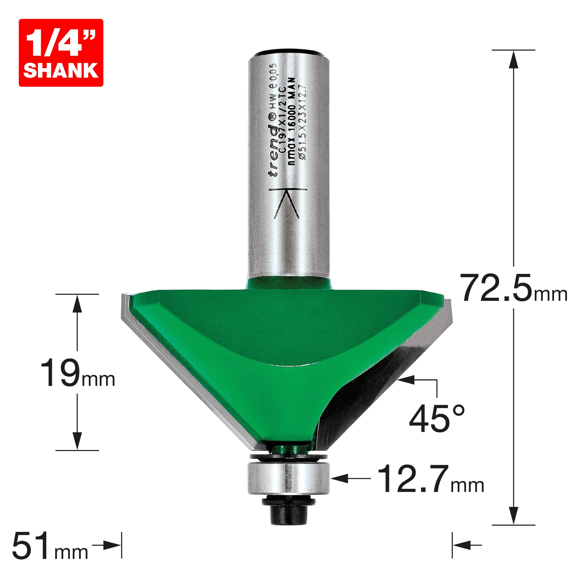 Trend Fraise à chanfreiner 45° V, queue 1/2 pouce, Ø51 mm, carbure